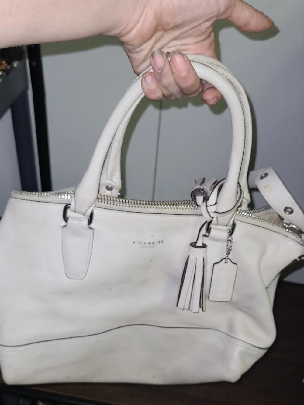 Coach Hamptons  Cream Leather Tote Bag with Tassel Accent